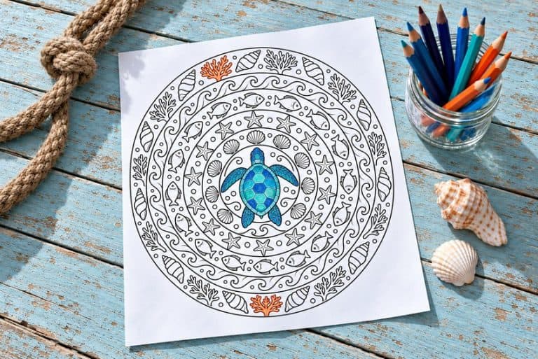 ocean coloring page partly colored in with pencils