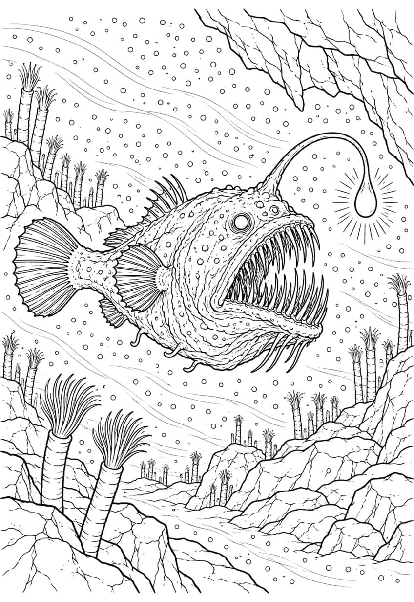 Coloring page of an anglerfish with a glowing lure above rocks and tube worms on the deep-sea floor