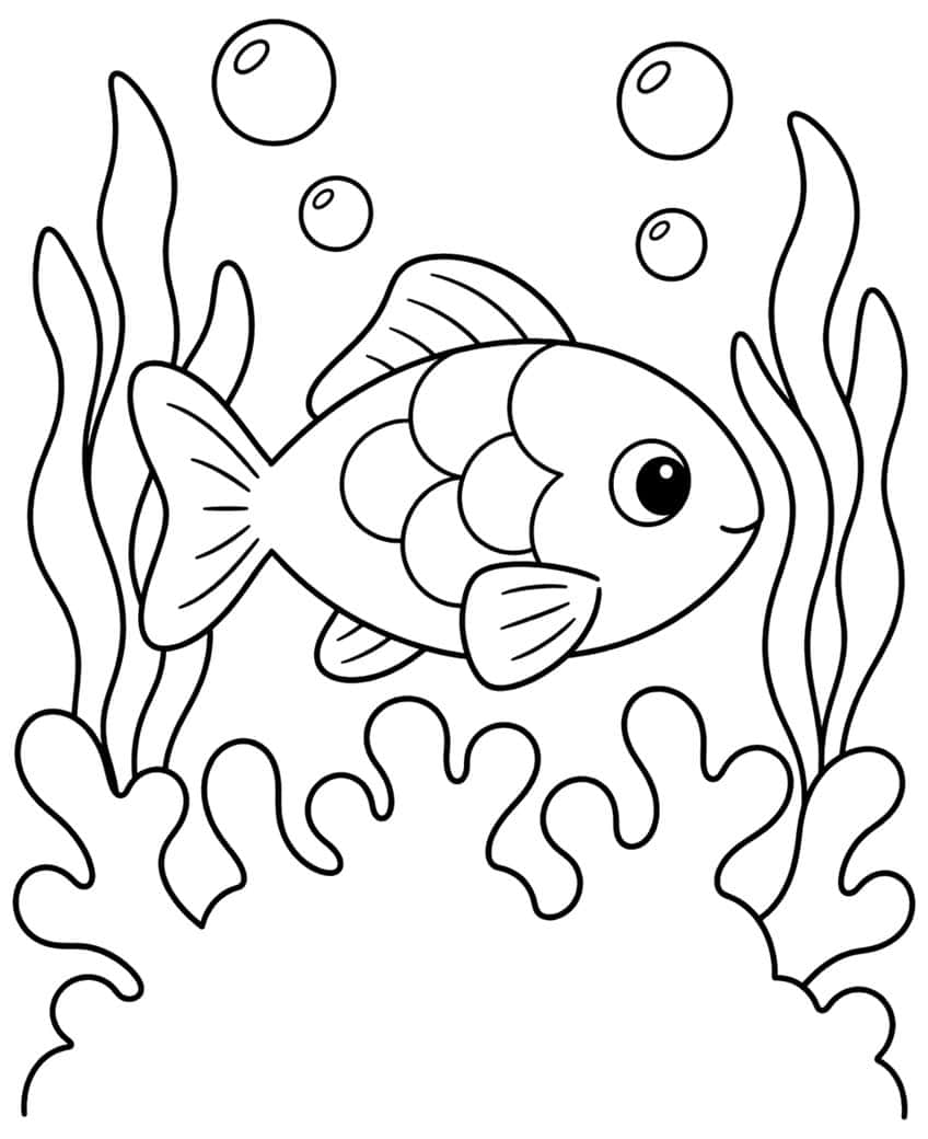 Coloring page of a smiling fish with round scales between wavy seaweed, bubbles and coral