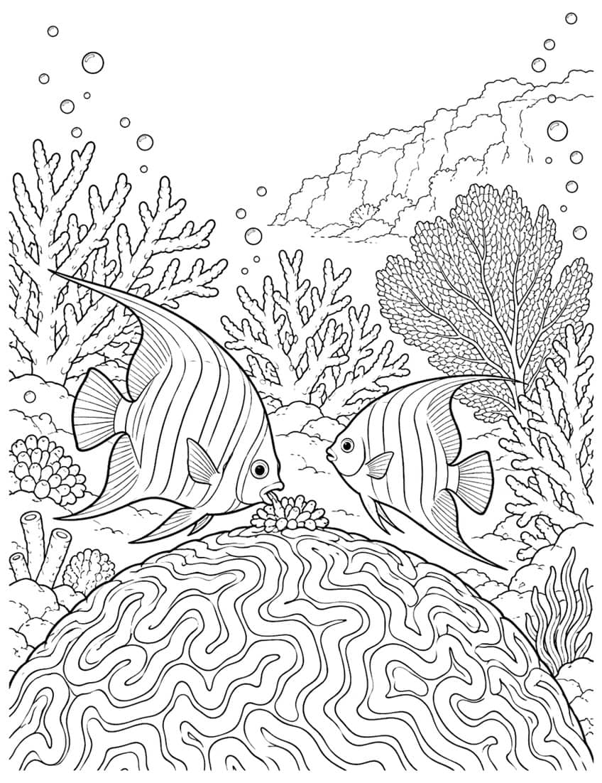 Coloring page of two striped angelfish over a brain coral in a reef with sea fan and bubbles