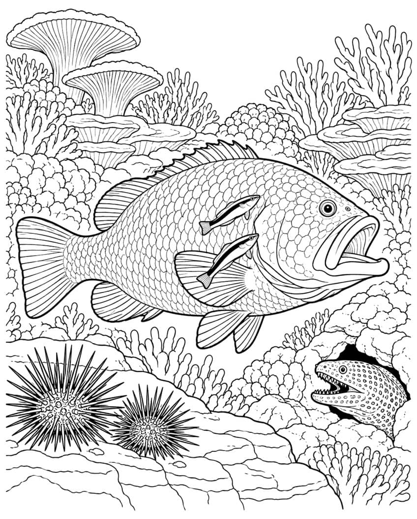 Coloring page of a grouper with two cleaner fish, coral reef, sea urchins and a moray eel