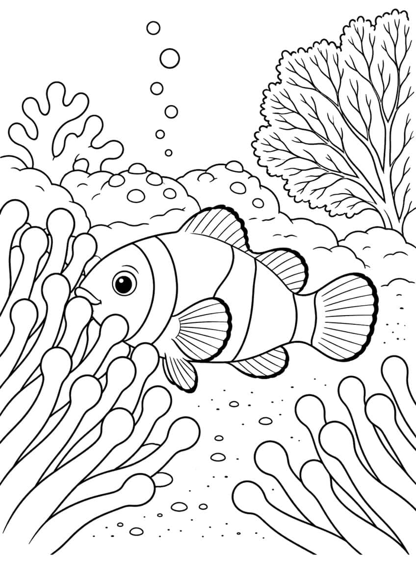 Coloring page of a clownfish swimming among sea anemone tentacles with coral and bubbles