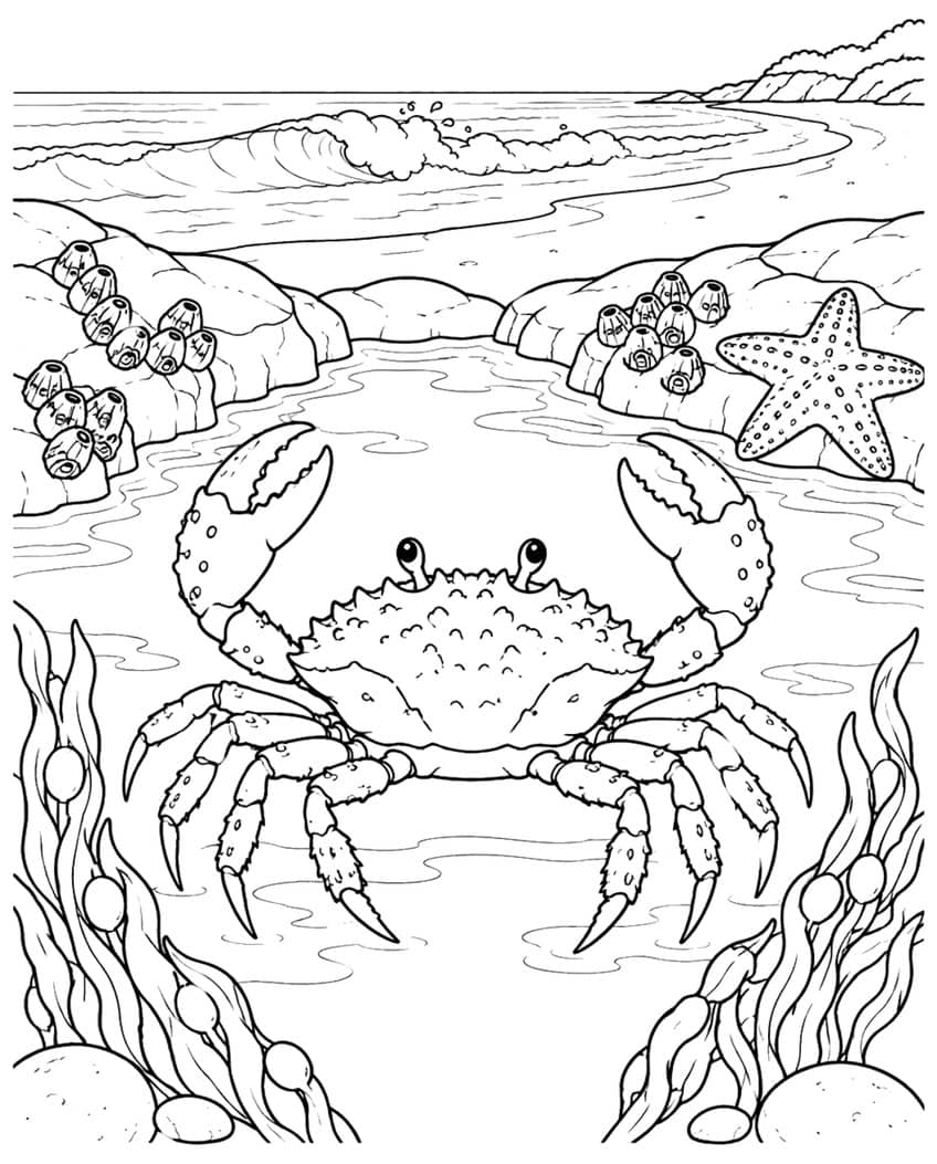 Coloring page of a crab in a tide pool with barnacles, a starfish, kelp and waves
