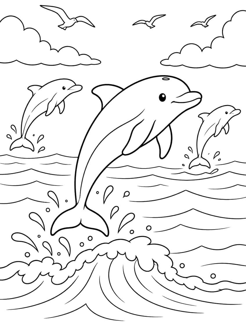 Coloring page of three dolphins jumping out of ocean waves under clouds and seagulls