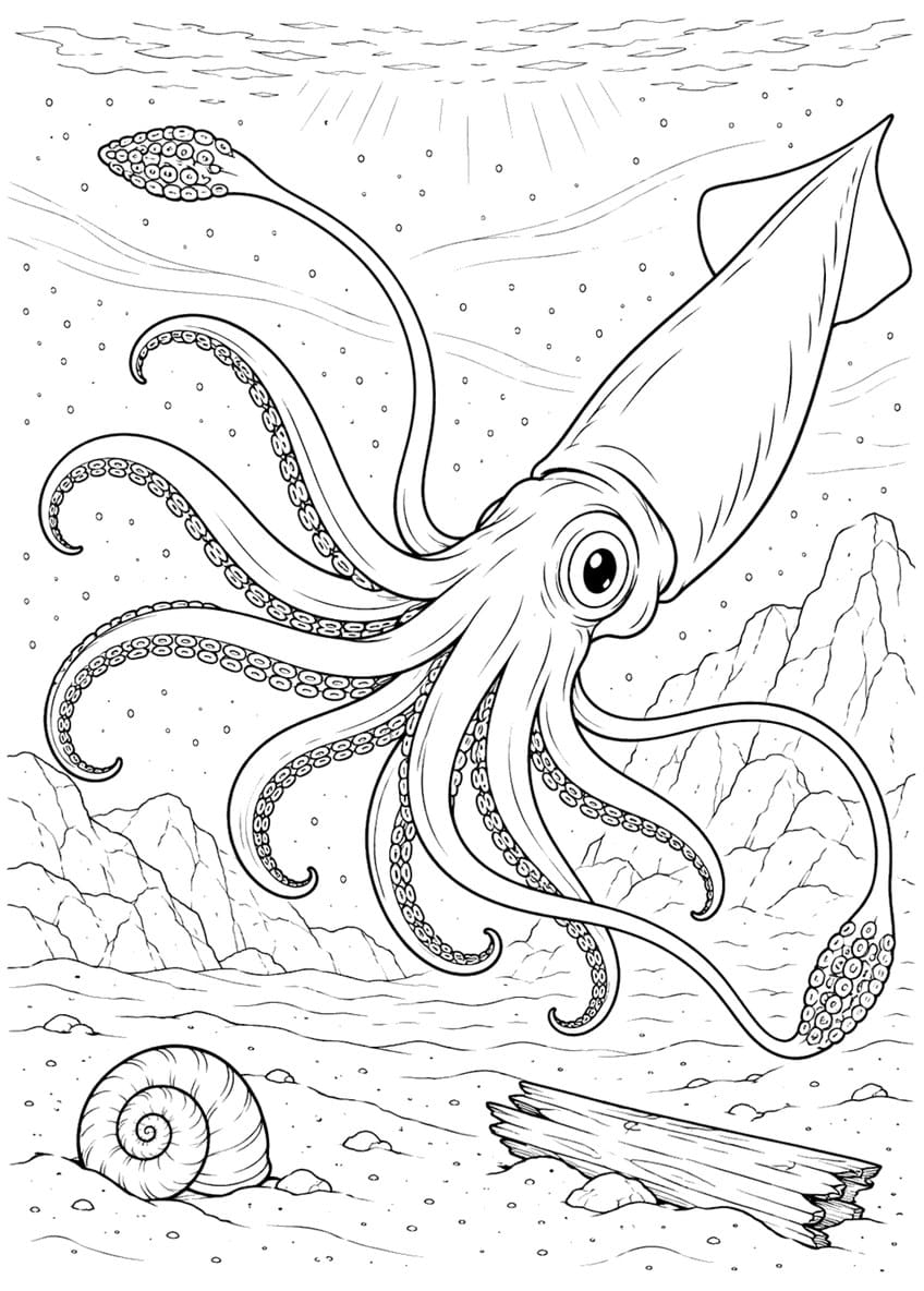Coloring page of a giant squid with long tentacles above rocks, a spiral shell and driftwood