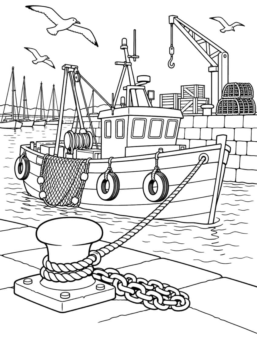 Coloring page of a fishing boat tied to a harbor bollard, with a crane, lobster traps and seagulls