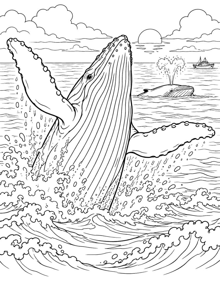 Coloring page of a humpback whale breaching in splashing waves, with a spouting whale and a boat behind