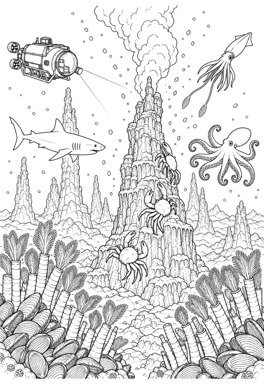 Coloring page of a submersible, crabs, shark, squid and octopus at a smoking deep-sea hydrothermal vent