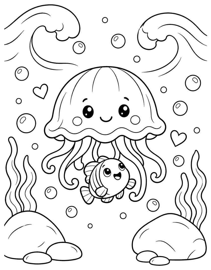 Coloring page of a smiling jellyfish and a small fish among bubbles, hearts, seaweed and waves