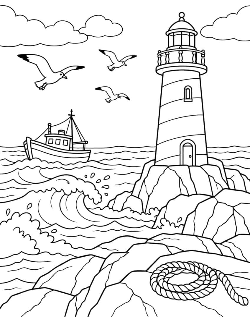 Lighthouse coloring page with a fishing boat, crashing waves, seagulls, and a coiled rope on the rocks