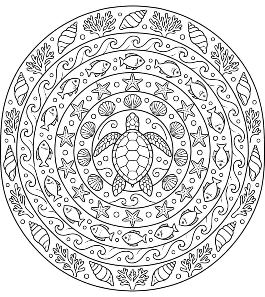 Ocean mandala coloring page with a sea turtle surrounded by rings of shells, starfish, fish and coral