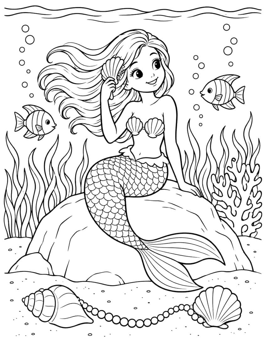Mermaid coloring page: mermaid combing her hair on a rock with fish, seaweed, coral and seashells