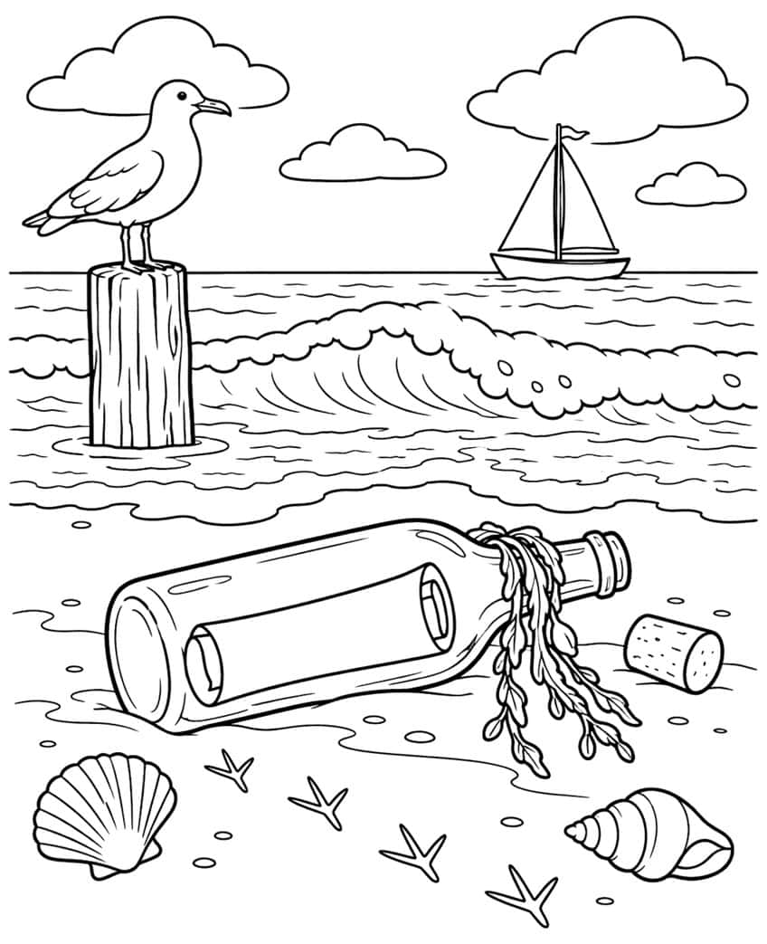 Coloring page of a message in a bottle on the beach with a seagull, sailboat and seashells