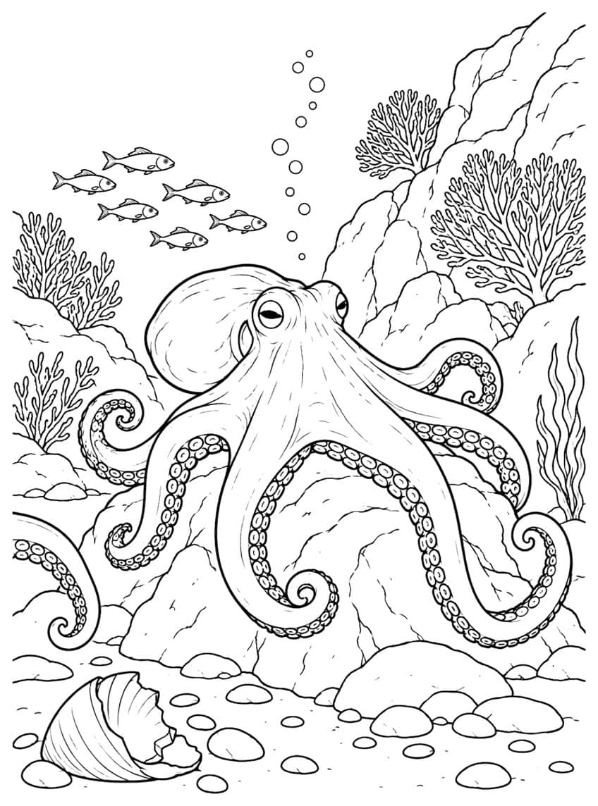 Coloring page of an octopus on seabed rocks with coral, fish, bubbles and a shell