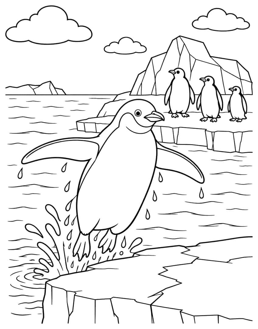 Coloring page of a penguin jumping out of the sea while three penguins watch from an iceberg
