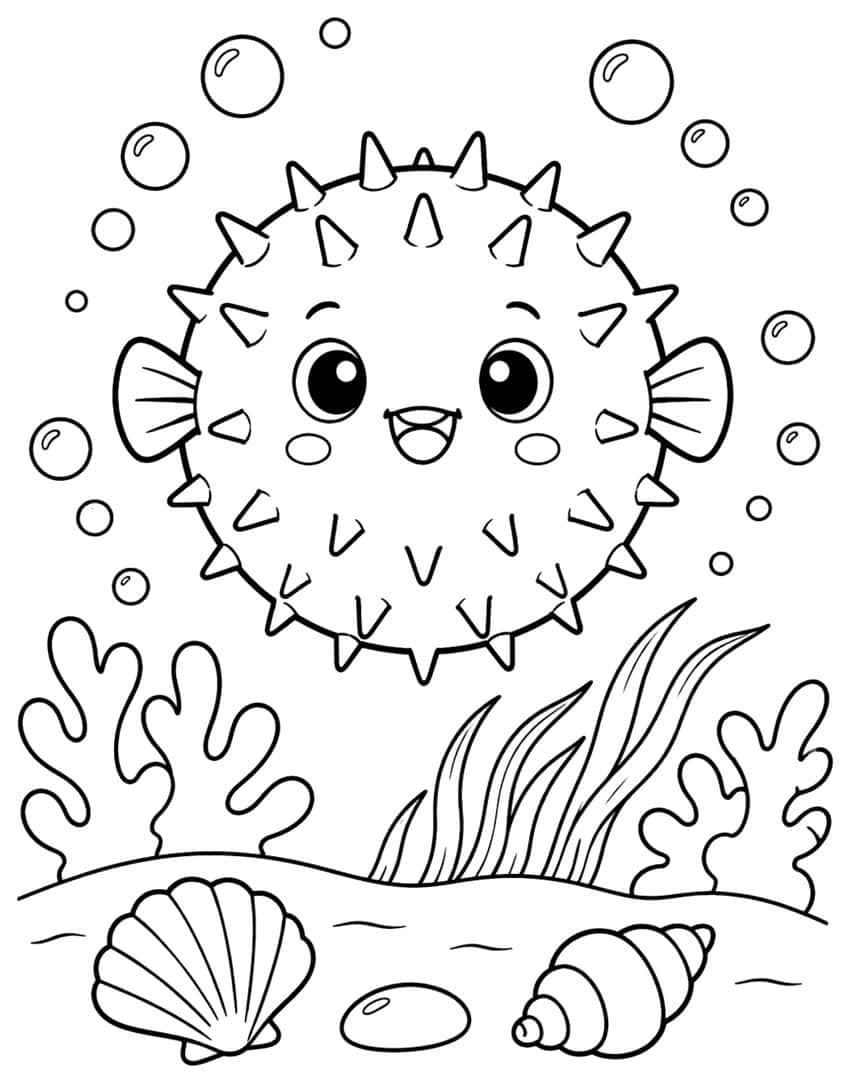 Coloring page of a smiling spiky pufferfish with bubbles, coral, seagrass, and seashells