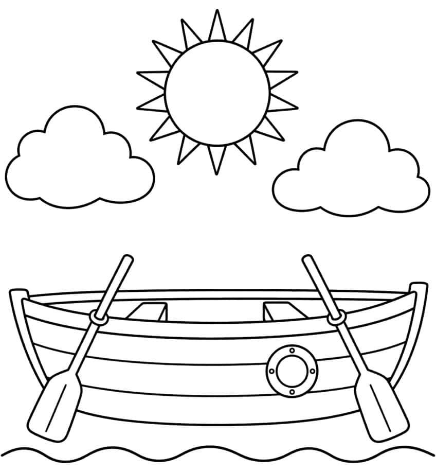 Coloring page of a wooden rowboat with two oars on waves under a sun and two clouds