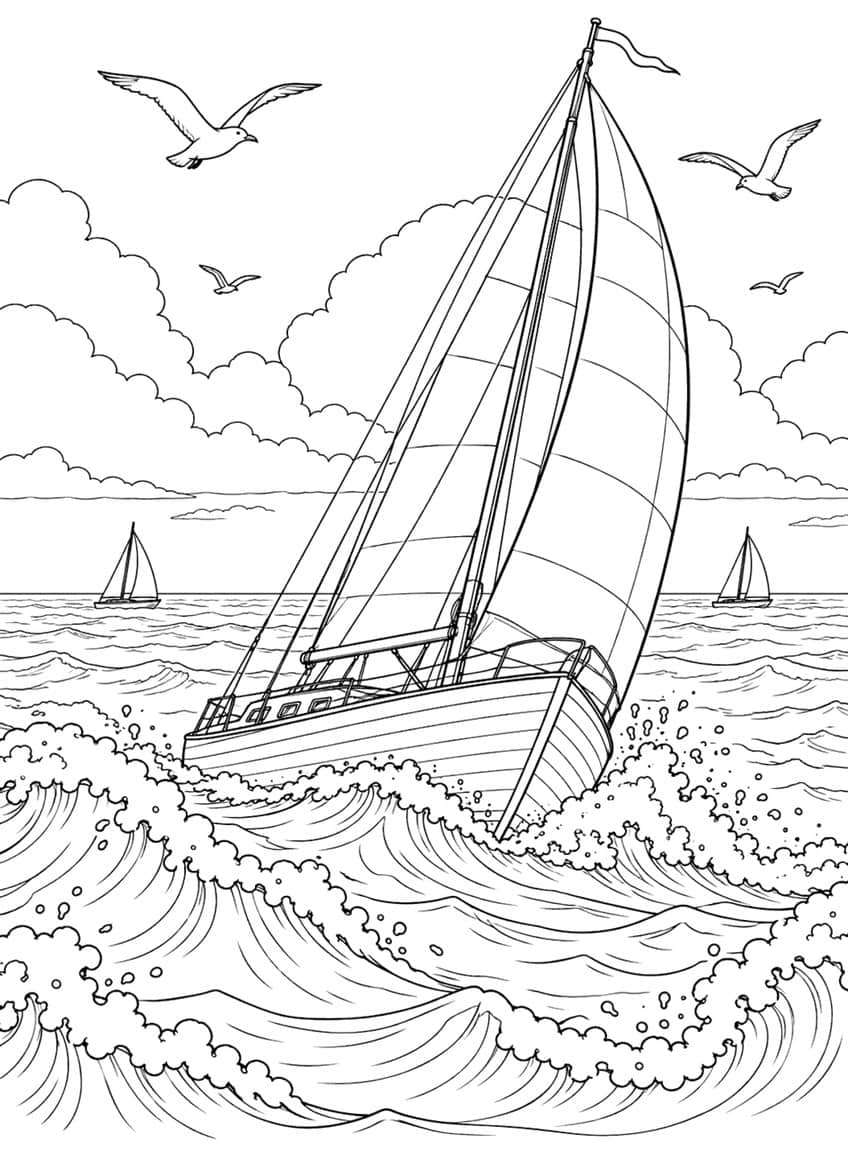 Coloring page of a sailboat in rough waves with seagulls, clouds and distant boats