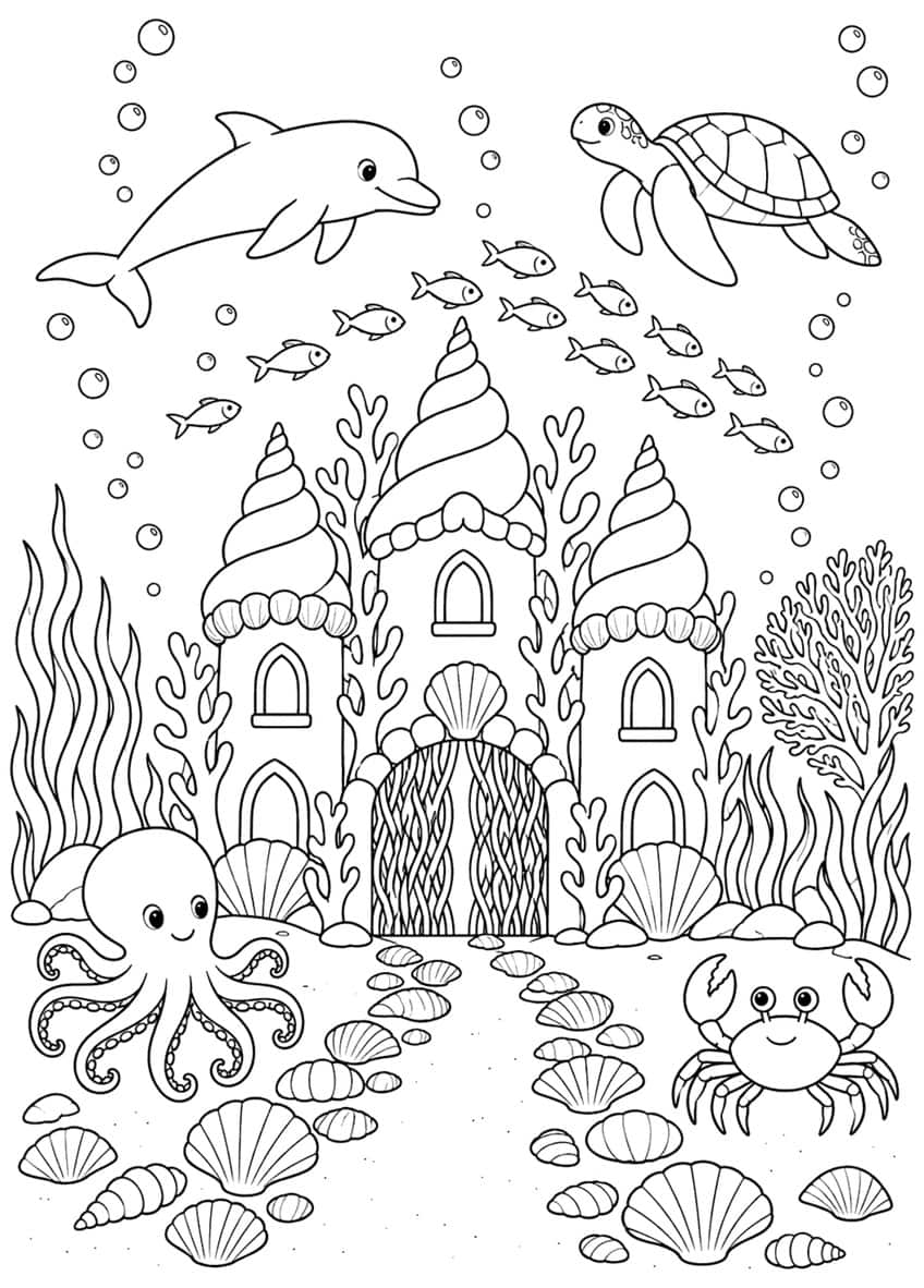 Coloring page of a seashell castle with an octopus, crab, dolphin, sea turtle and fish