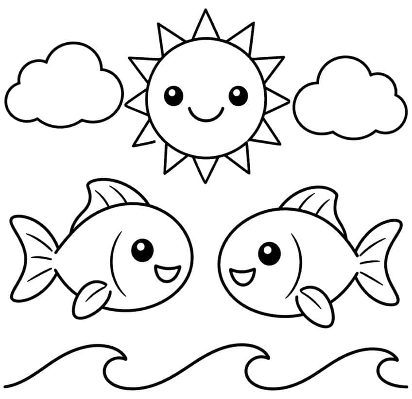 Coloring page of two smiling fish facing each other above waves, with a happy sun and two clouds