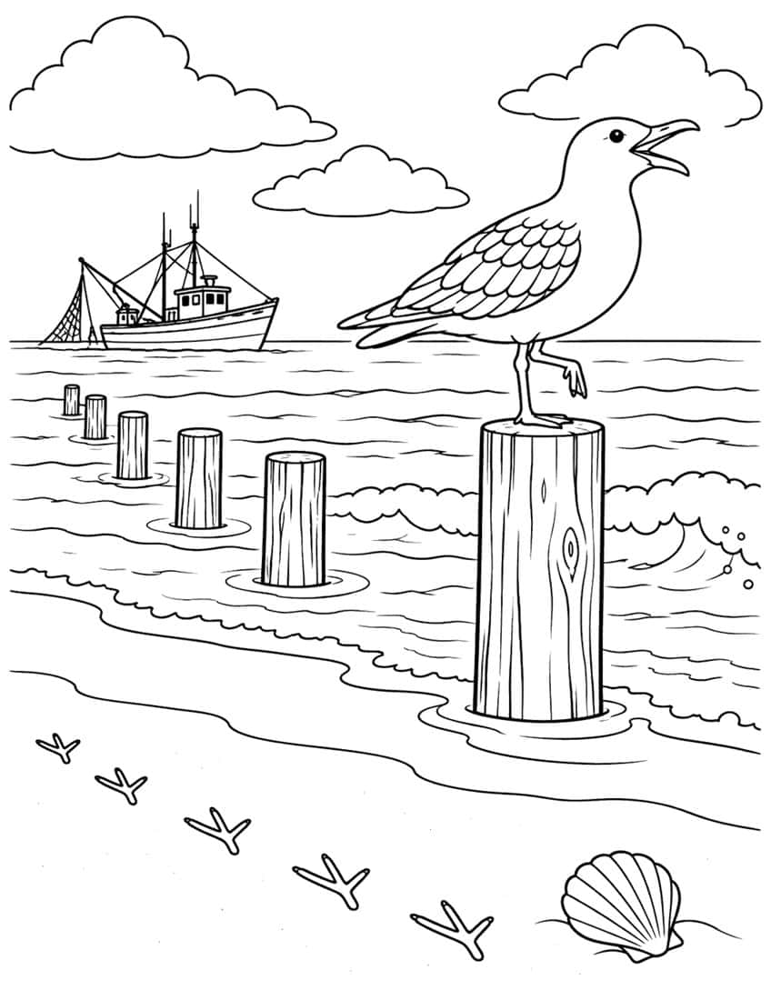 Coloring page of a seagull on a wooden post by the sea, with a fishing boat, footprints and a shell