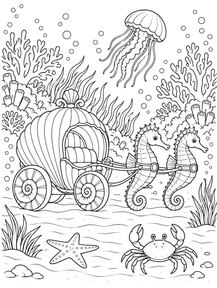 Coloring page of two seahorses pulling a seashell carriage past coral, a jellyfish, a crab and a starfish