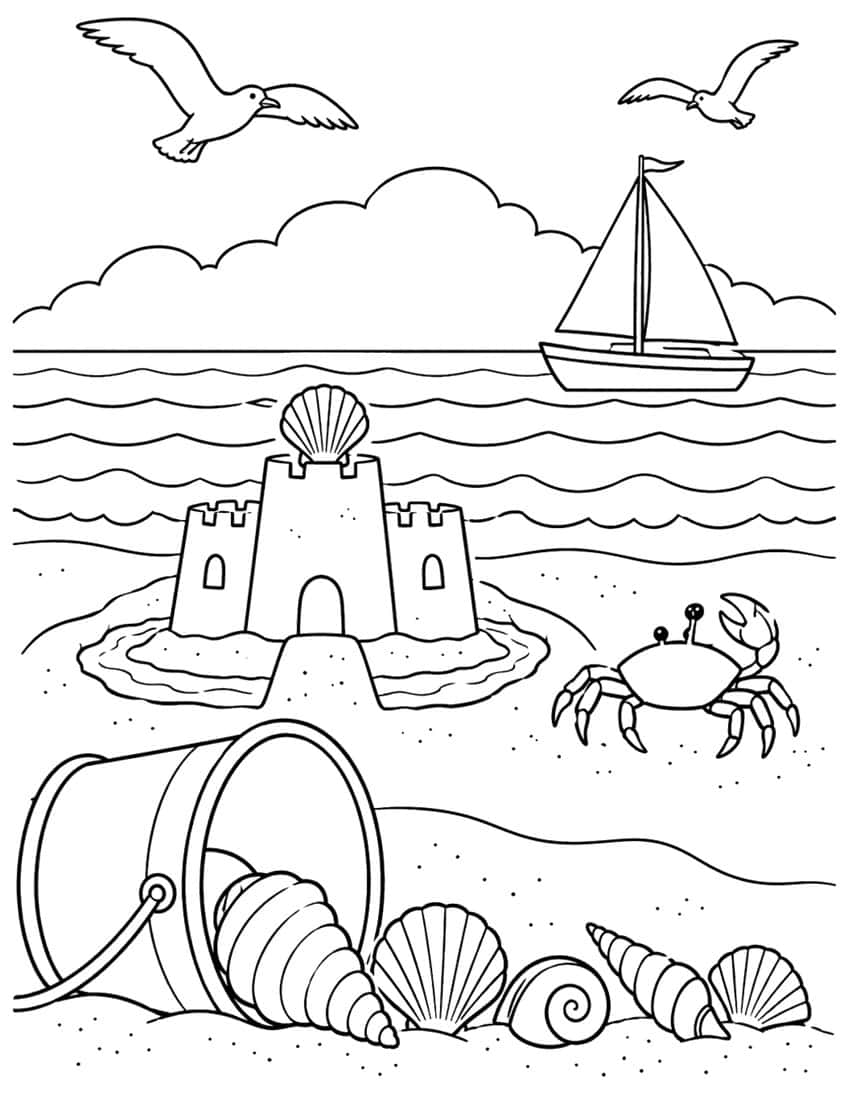Beach coloring page with a sandcastle, a crab, a bucket of seashells, a sailboat and seagulls
