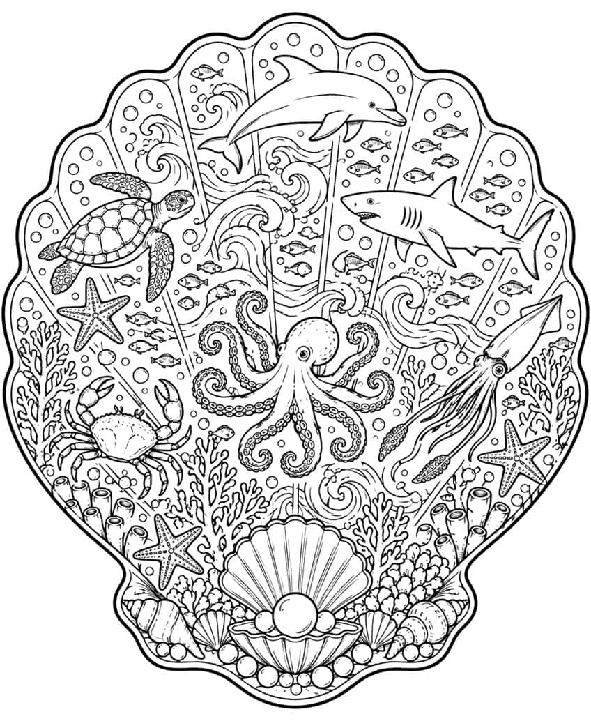 Coloring page of a scallop shell filled with an octopus, dolphin, shark, turtle, squid, crab and pearl clam