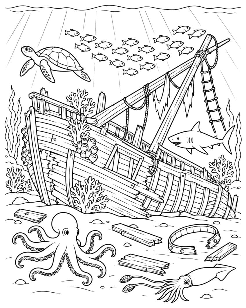 Coloring page of a sunken shipwreck with a sea turtle, shark, octopus, squid and a school of fish