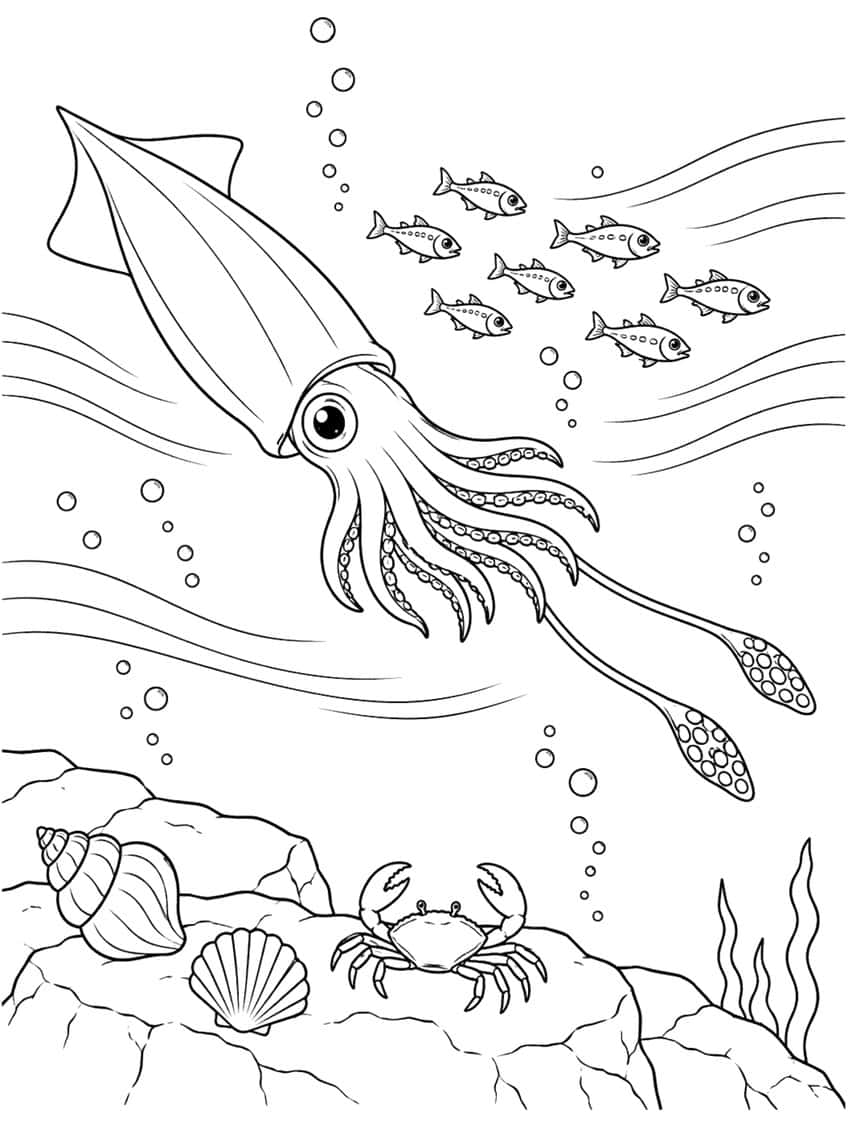 Coloring page of a squid swimming over a crab, seashells and rocks, with fish and bubbles