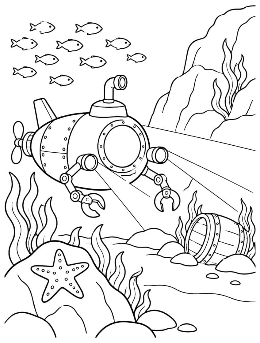 Coloring page of a submarine with claw arms lighting up a sunken barrel on the seafloor