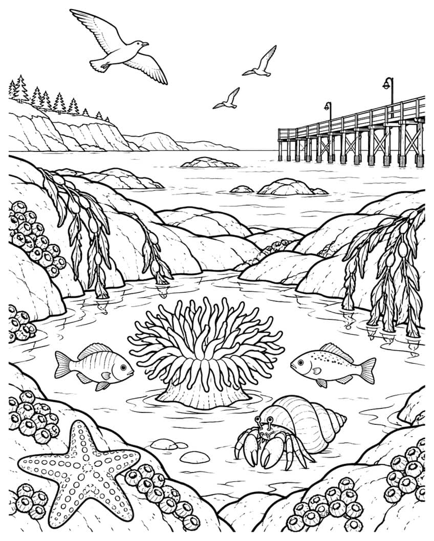 Tide pool coloring page with sea anemone, hermit crab, starfish, fish, kelp and a pier
