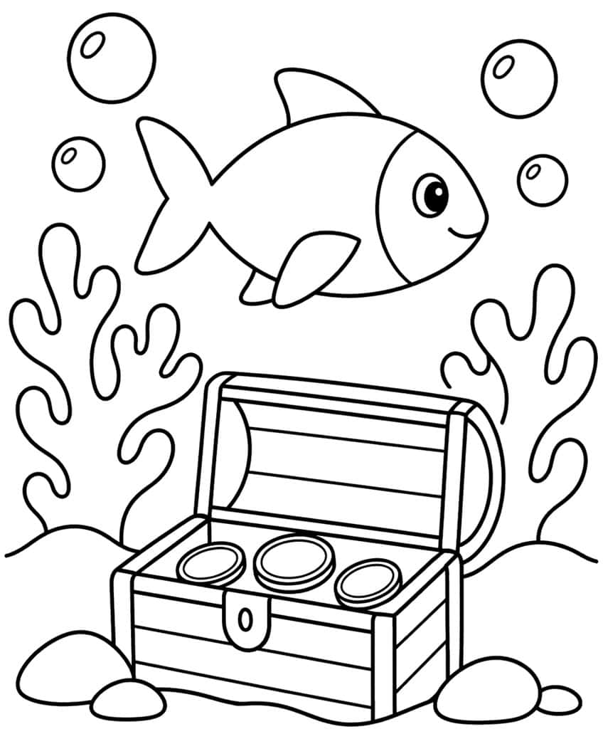 Coloring page of a smiling fish swimming above an open treasure chest with coins and seaweed