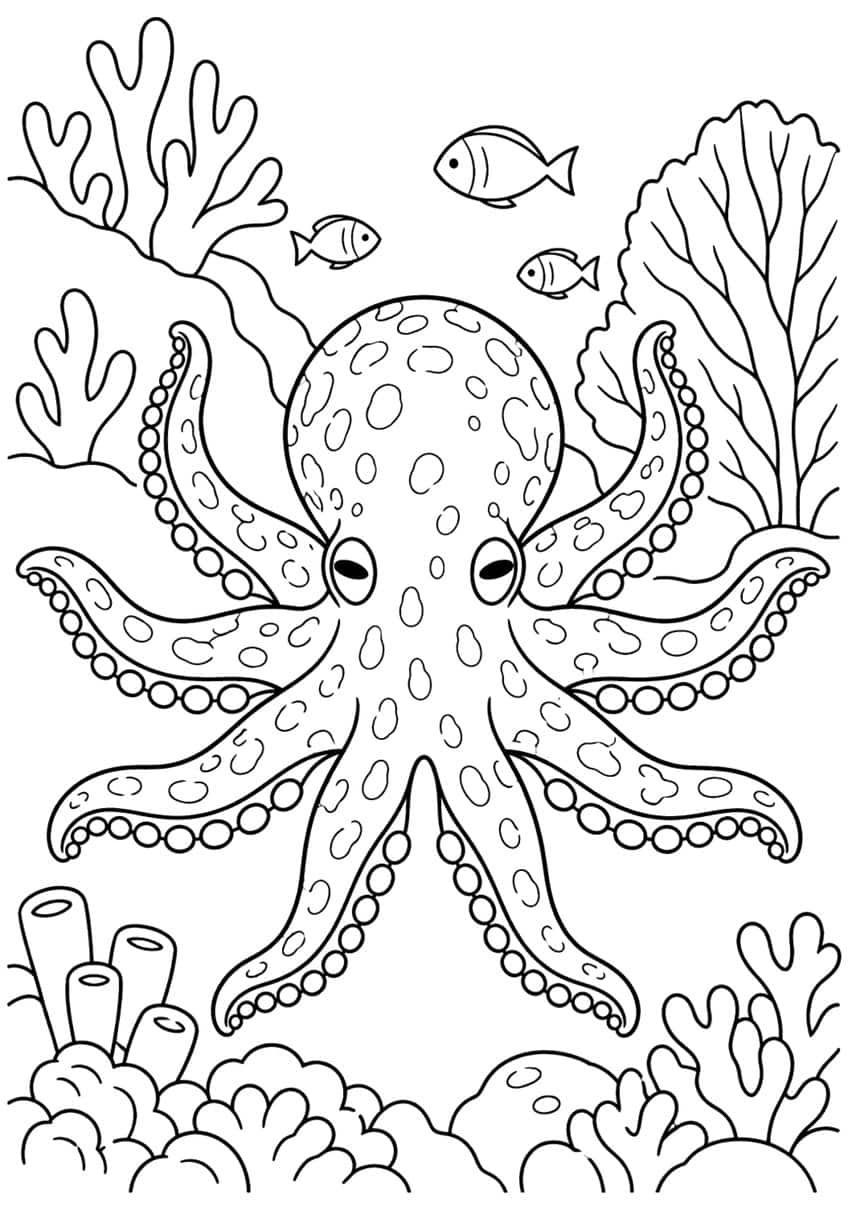 Spotted octopus with eight arms, three small fish, branching corals, a sea fan and tube sponges