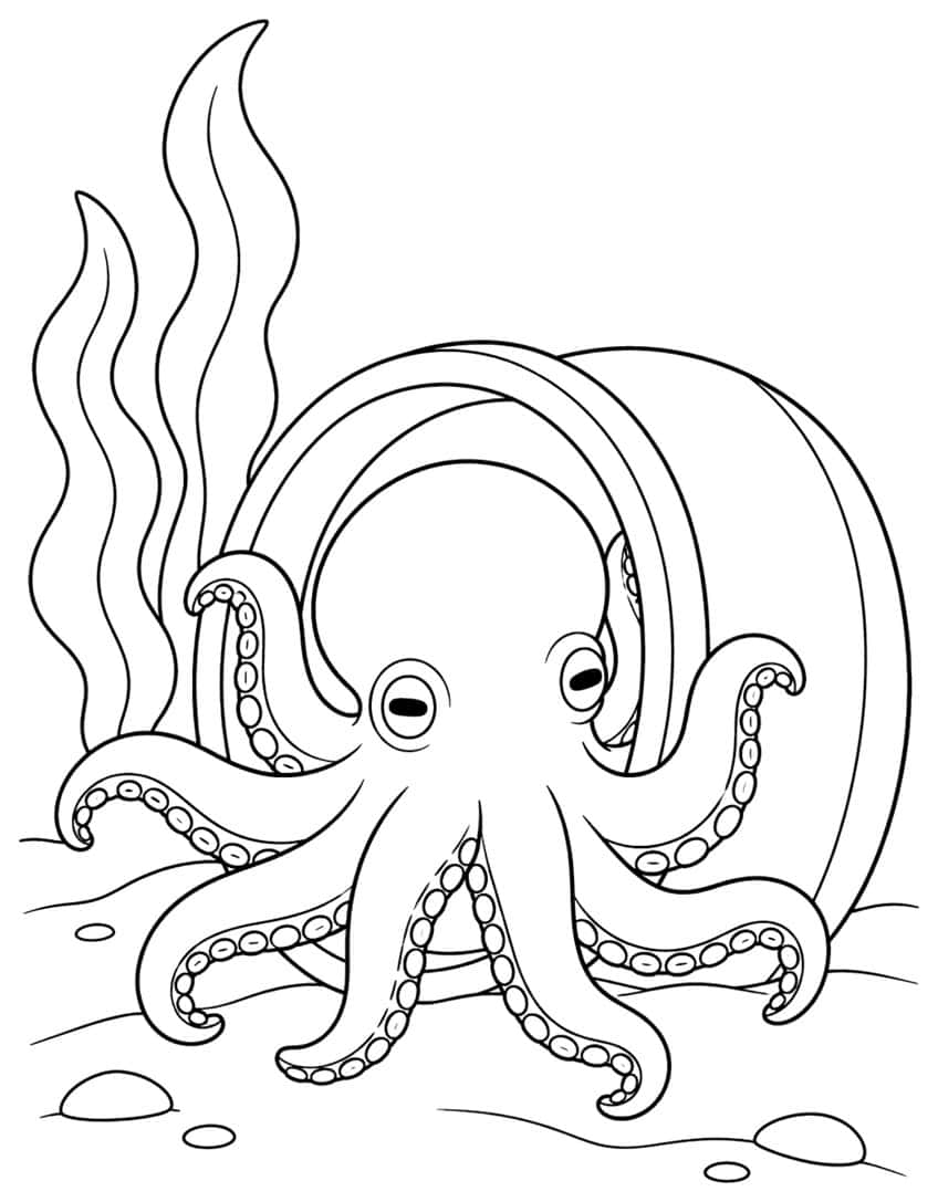 Octopus coming out of a sideways clay pot with tall seaweed and pebbles on the sand
