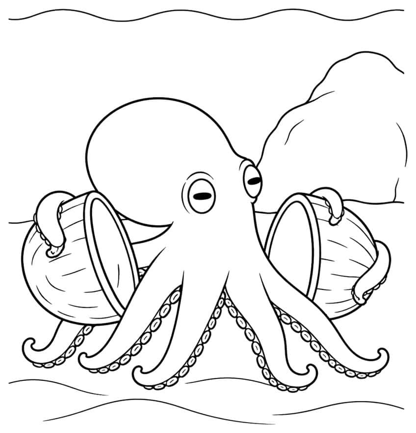 Octopus holding two coconut shell halves, with curled arms, a rock and wavy water lines