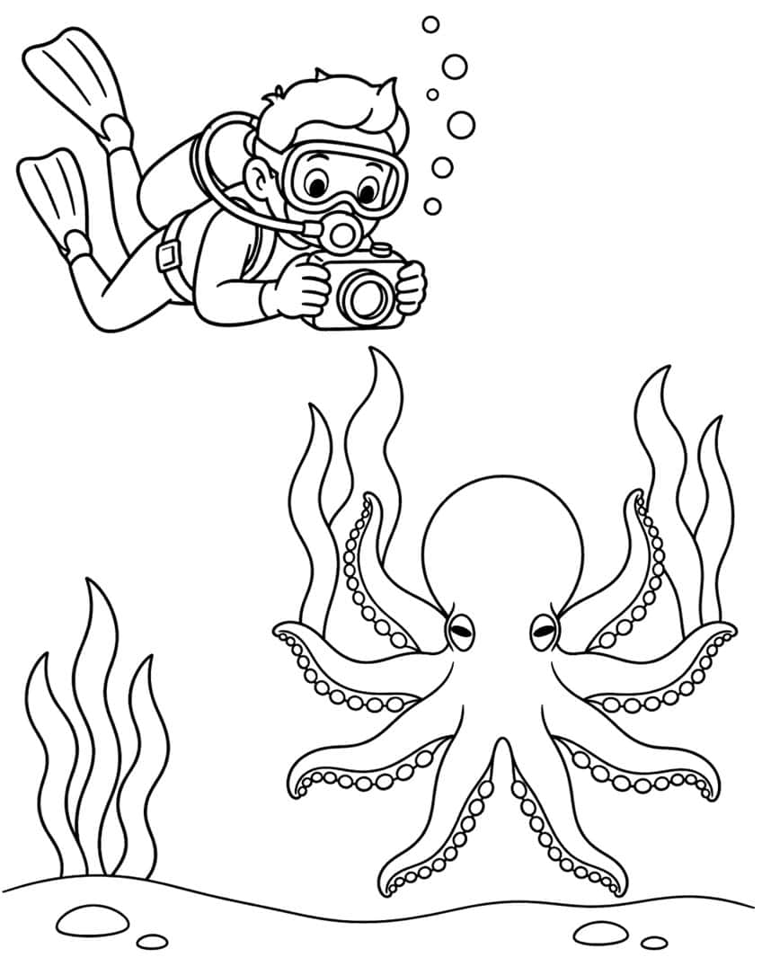 Scuba diver with camera above an octopus, with seaweed, bubbles and pebbles