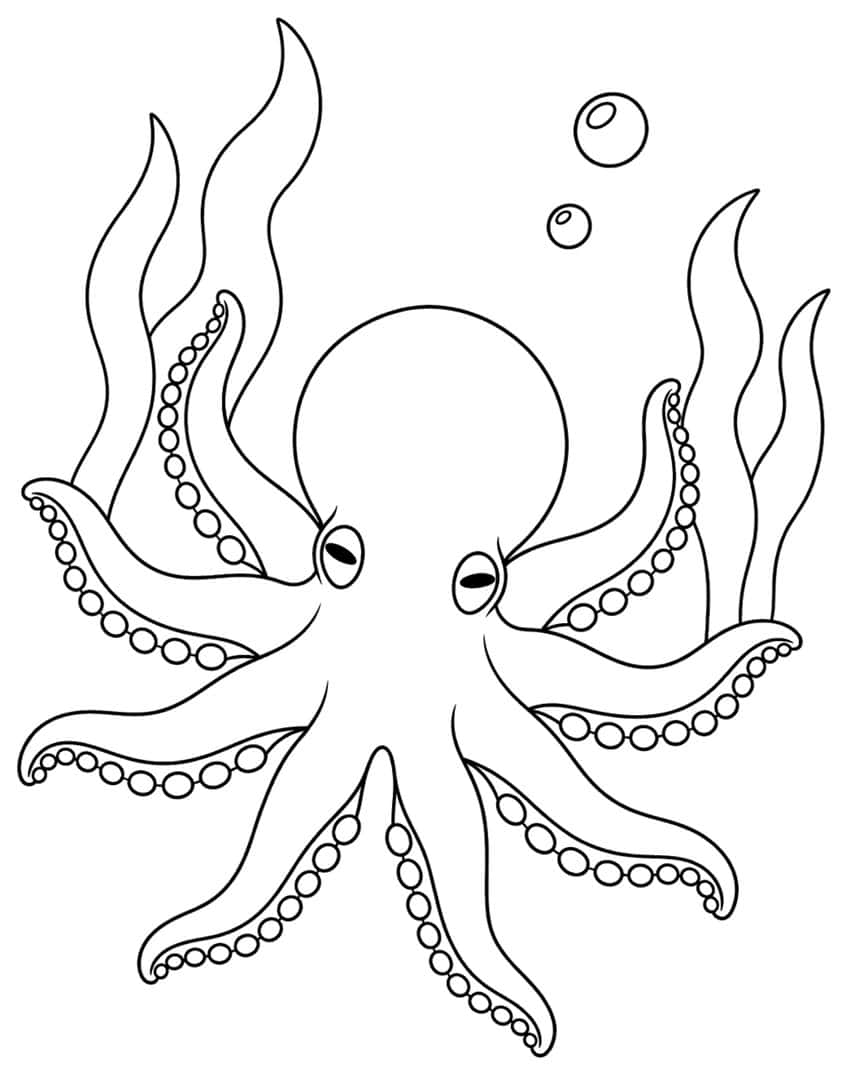 Octopus with eight sucker-lined arms, wavy seaweed on both sides and two bubbles above