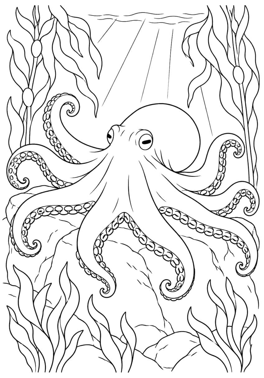 Octopus with curled sucker-lined arms on rocks, surrounded by tall kelp and light rays