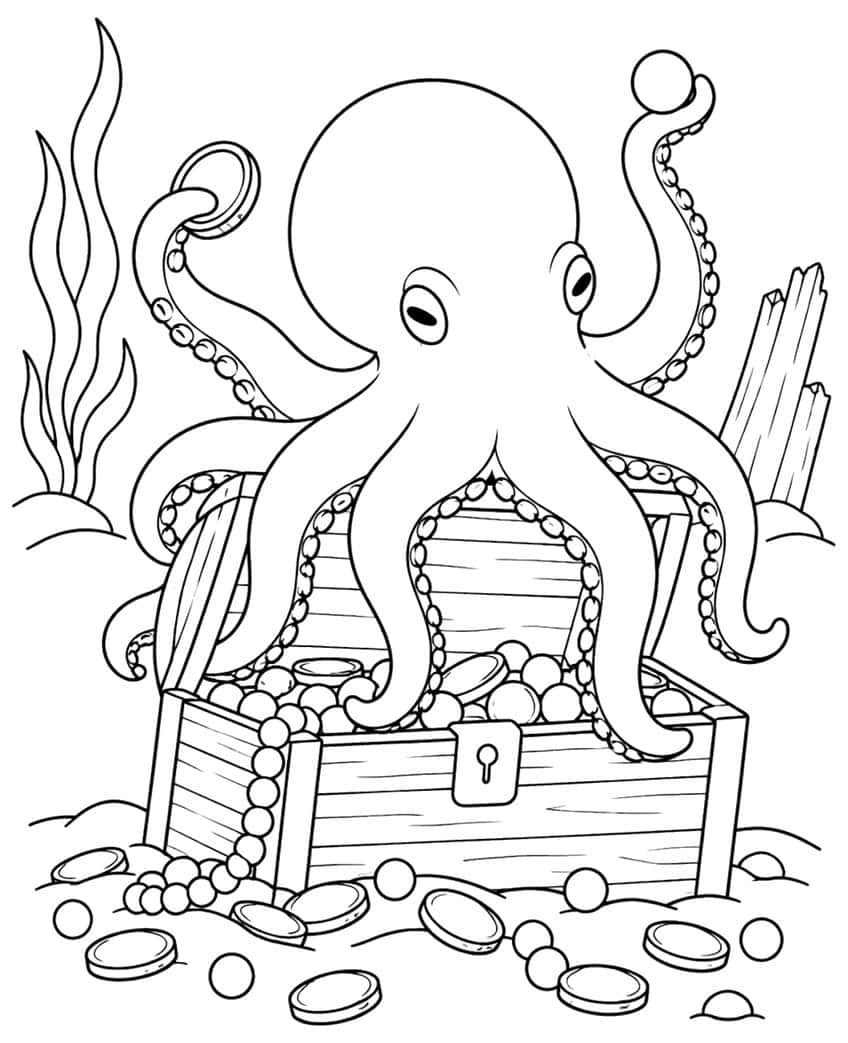 Octopus over an open treasure chest with coins, pearls, seaweed and broken planks