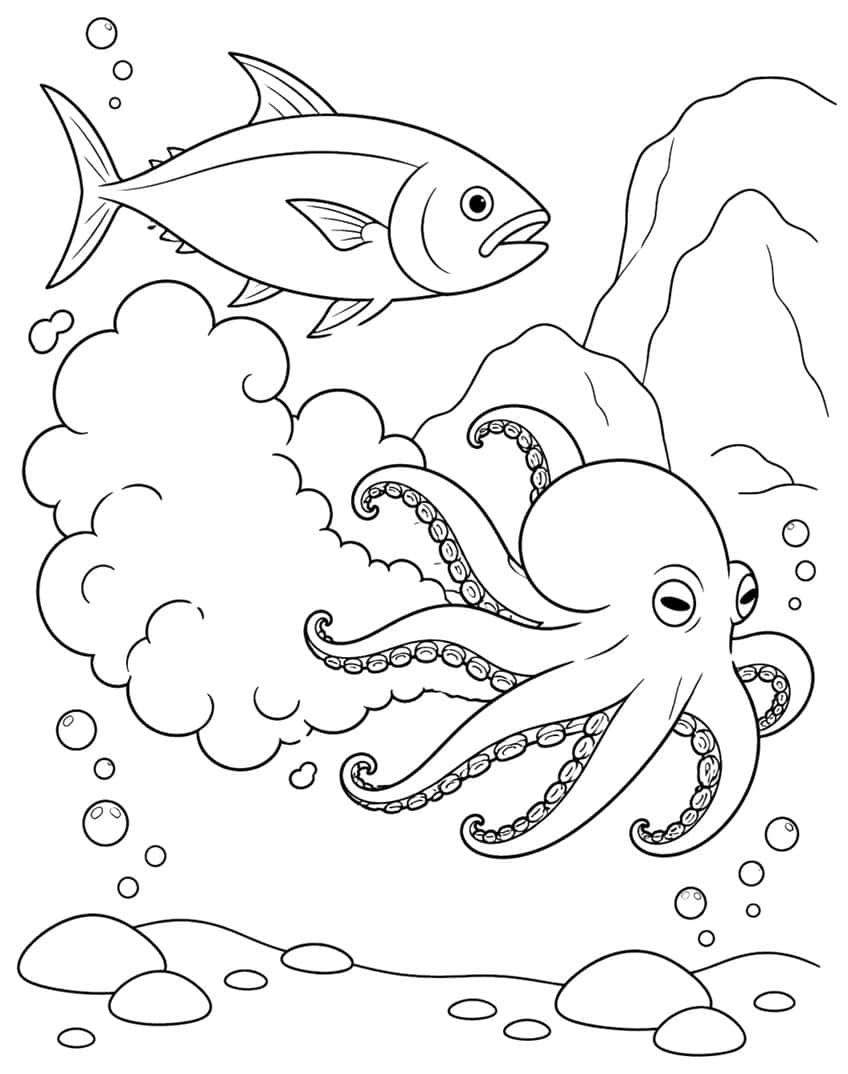 Octopus with a fluffy ink cloud, a tuna above, rocks, bubbles and pebbles