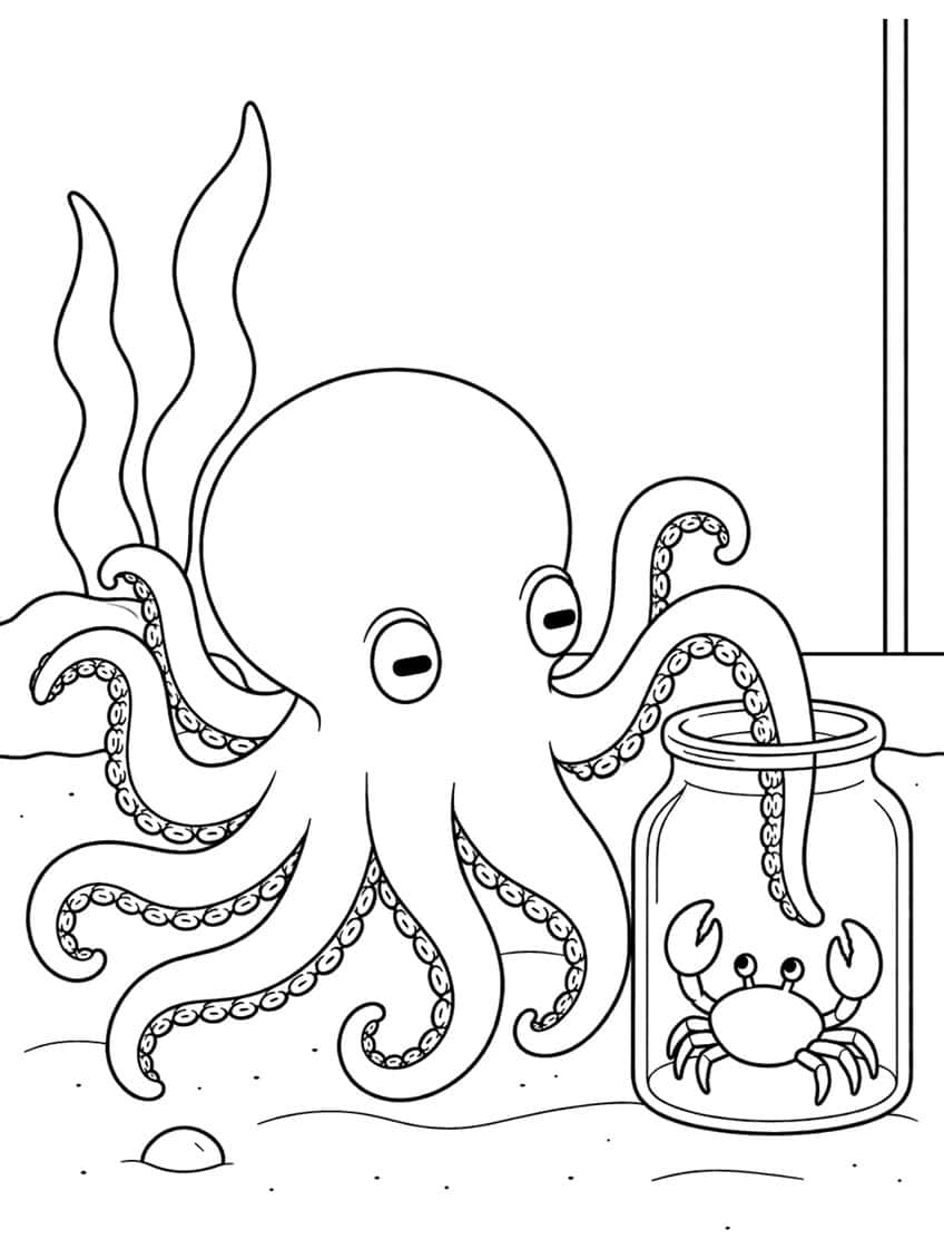 Octopus with an arm inside a glass jar holding a crab, beside kelp, a rock and a window frame