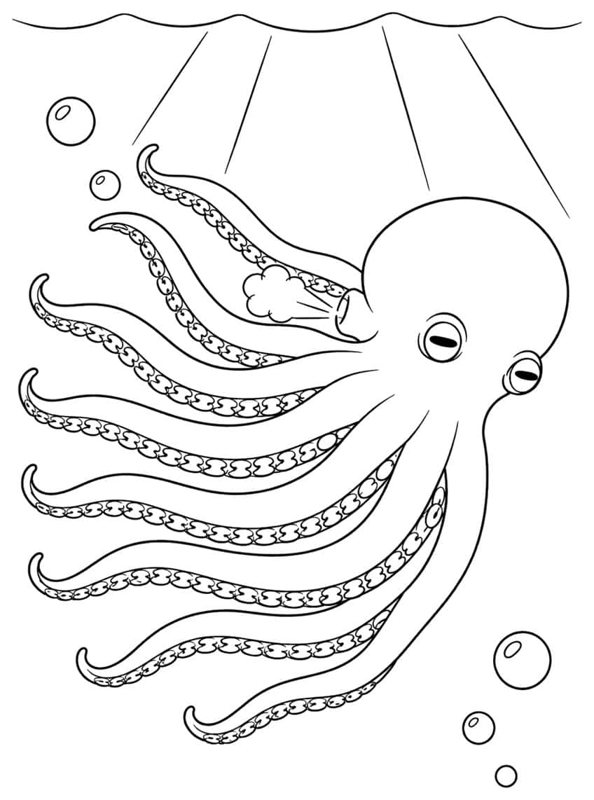 Octopus swimming with eight trailing arms, a water puff from its funnel, sun rays and bubbles