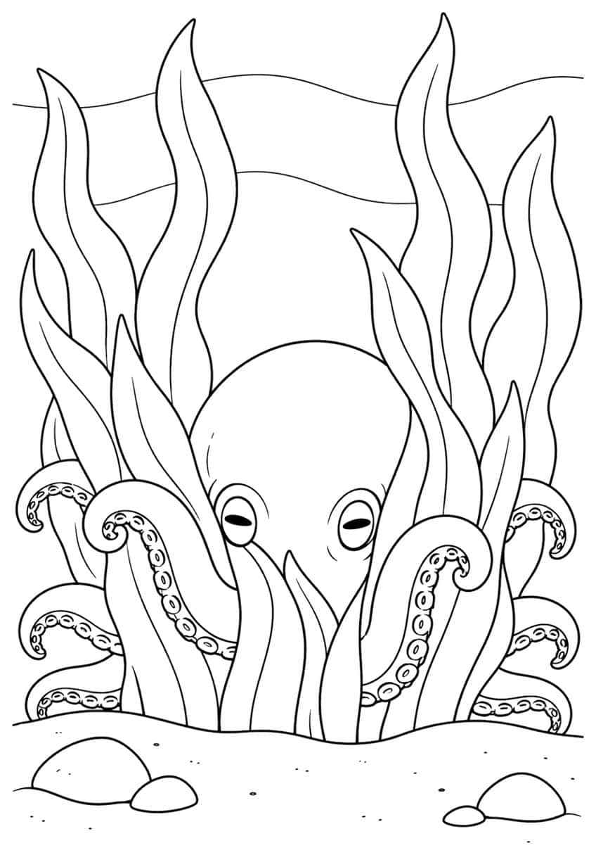 Octopus with half-closed eyes hiding behind tall kelp, curled arms, sandy floor and rocks