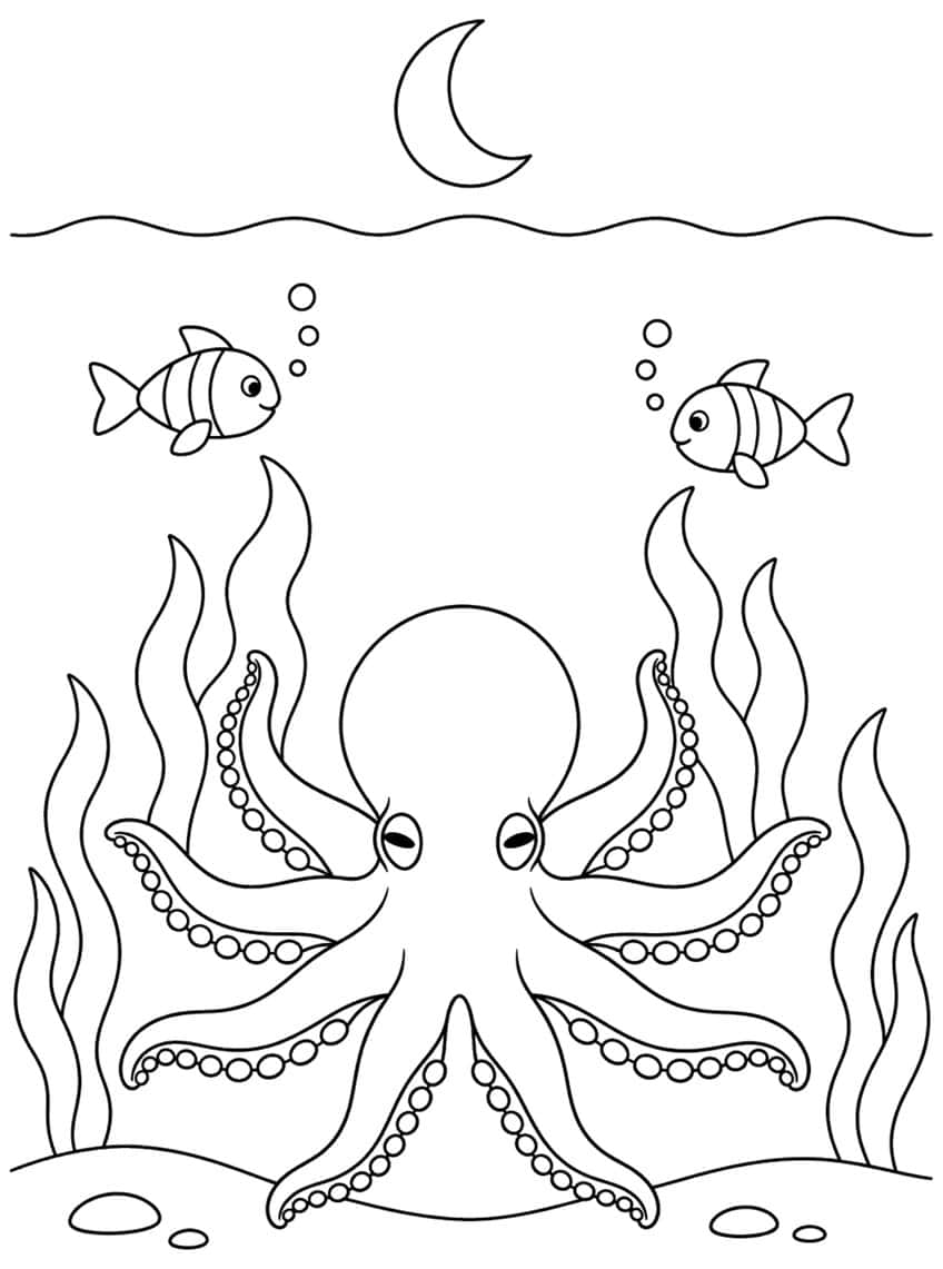 Octopus on seabed with kelp, two striped fish, bubbles and a crescent moon above waves