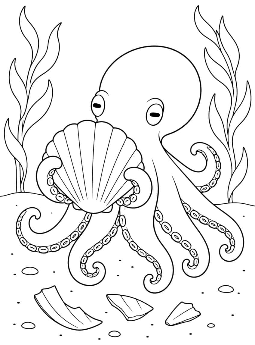 Octopus holding a ribbed scallop shell, with broken shell pieces, pebbles and kelp