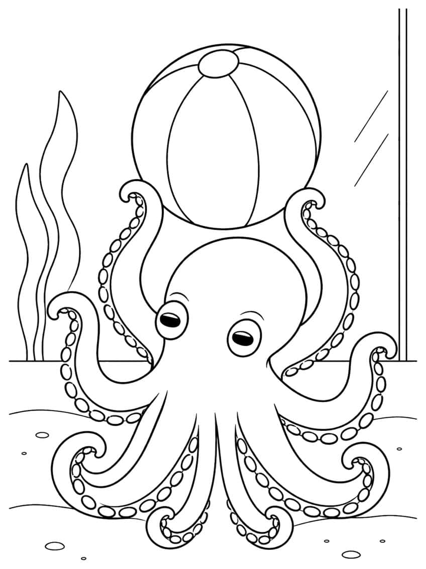 Octopus holding a striped beach ball on its arms, with seaweed, a glass pane and sand