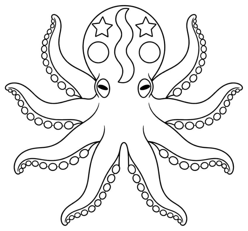 Symmetrical octopus with stars and circles on its head and eight arms with oval suckers