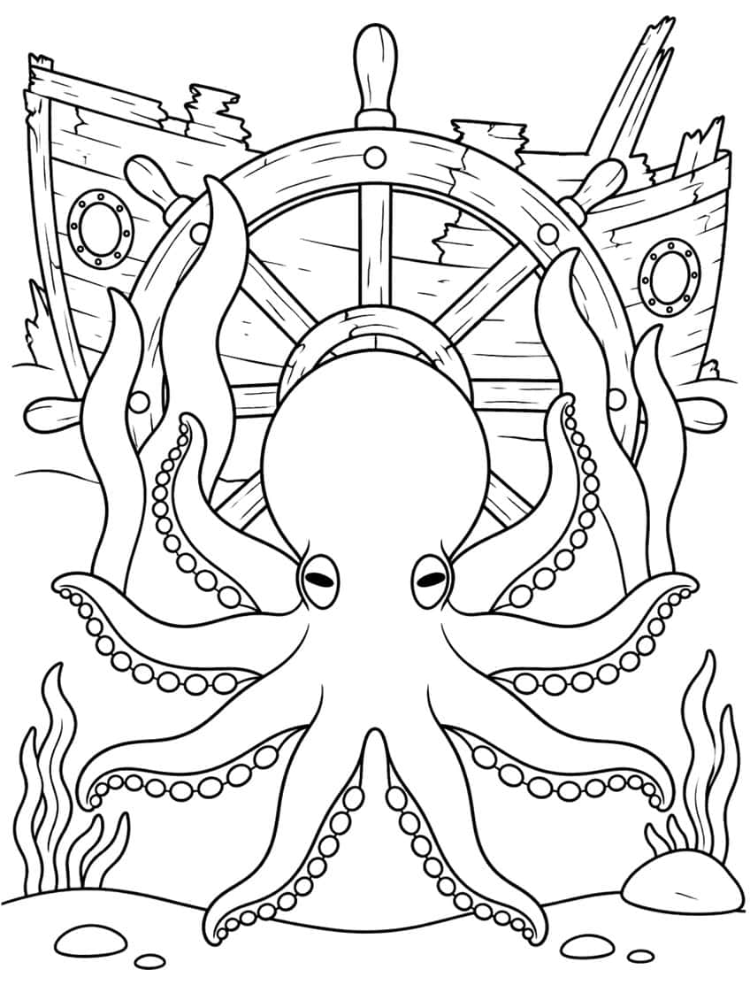 Octopus in front of a sunken ship with a steering wheel, portholes, seaweed and pebbles