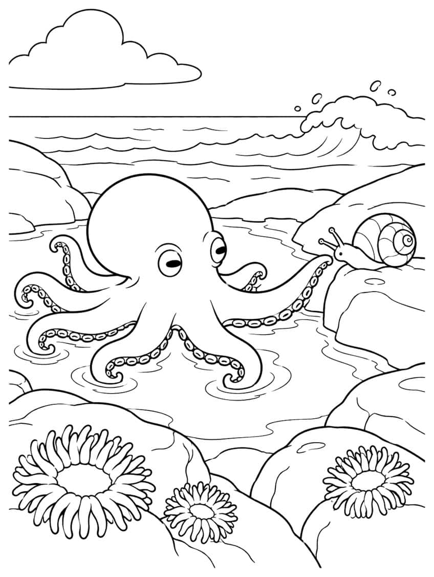 Octopus in a tide pool with rocks, three sea anemones, a spiral-shelled snail, a wave and a cloud